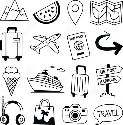 (128)Travel Icon Collage – Black and White Vector Illustrations of Airplane, Passport, Cruise Ship, Map, and Vacation Symbols