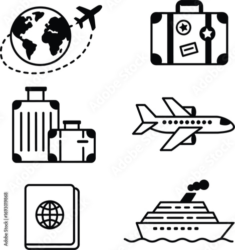 (127)Travel Icon Set – Black and White Vector Illustrations of Airplane, Passport, Cruise Ship, Suitcases, and Global Journey