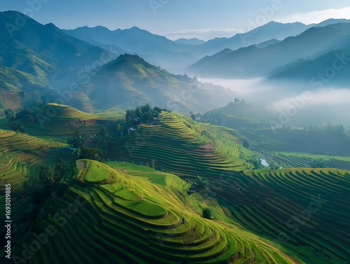 Scenic rice terraces in misty mountains at sunrise. Layers of green fields create a breathtaking landscape, symbol of Asia, agriculture, nature and traditional farming beauty
