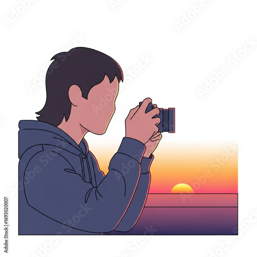 Young photographer capturing a beautiful sunset over the ocean. Vector illustration of a person with a camera