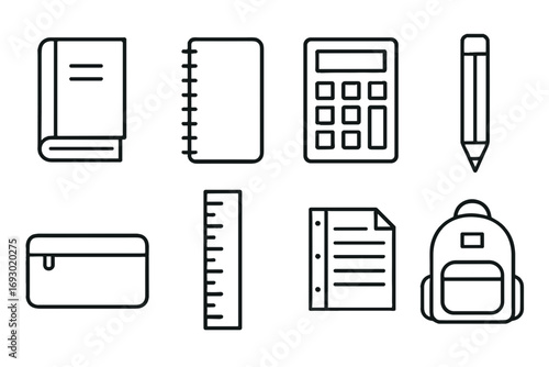 Outline vector icons of school supplies: notebook, calculator, pencil, backpack — set of modern line style icons, transparent background  