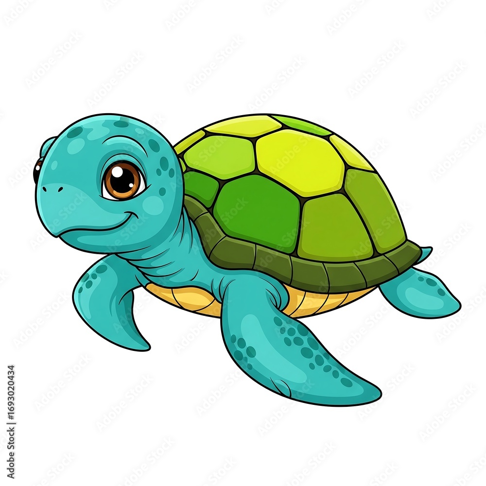 Fototapeta premium Cute cartoon turtle with a shell isolated on white background, vector illustration