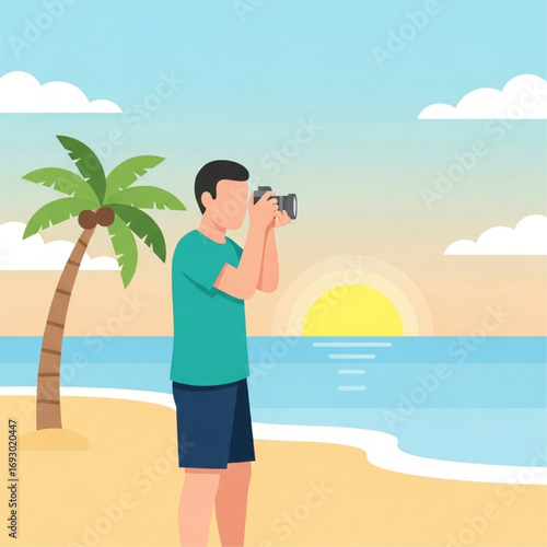 Male photographer capturing a scenic tropical beach sunset during a summer vacation
