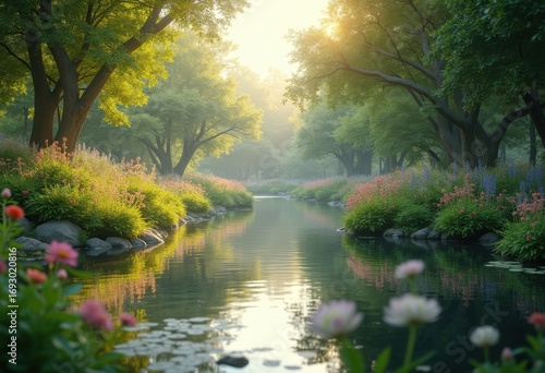 Serene Nature Scene Calming Tranquility Mindfulness Meditation Peaceful Oasis Reflections Greenery Still Water Lush Landscape