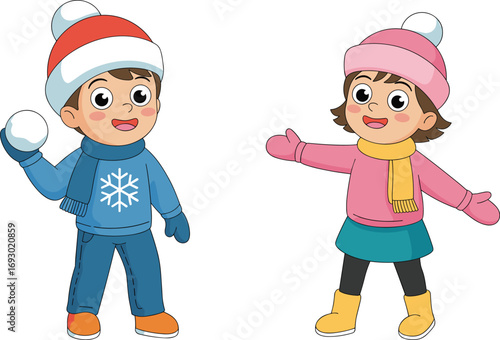 Happy kids playing snowball fight, winter clothing, boy and girl with hats, scarves, gloves, boots, outdoor fun, snowy weather, cheerful children, winter activity, playful kids, cold season joy.