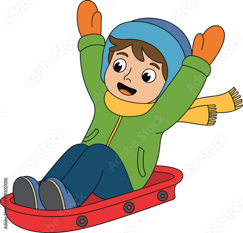 Happy young boy sledding down snowy hill, winter fun outdoor activity, child wearing warm jacket, gloves, hat, and scarf enjoying sled ride.