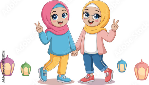 Two happy Muslim girls holding hands, wearing colorful hijabs, making peace signs, surrounded by lanterns, cheerful friendship, kids, celebration, culture, cartoon illustration