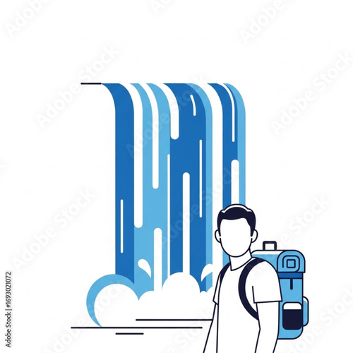 Minimalist illustration of a male traveler exploring the beauty of nature by a stylized blue waterfall, representing adventure and discovery