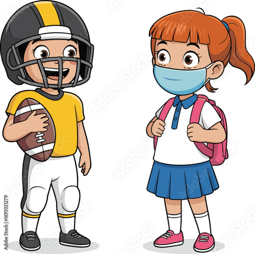 Cartoon boy football player, girl with mask, schoolgirl backpack, kids character illustration, sports and school concept, cute children artwork