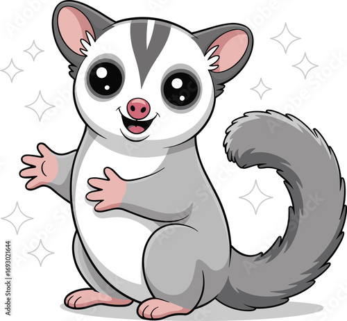 Cute happy cartoon sugar glider with big eyes, fluffy tail, smiling animal character, adorable wildlife illustration, small pet, friendly marsupial, fun, nature