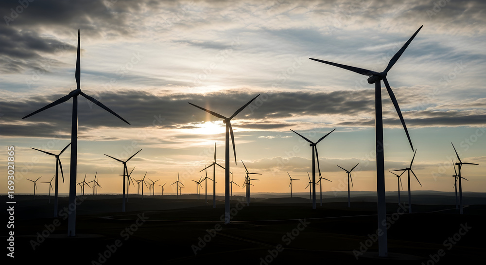 Fototapeta premium Stunning sunset silhouetting vast wind farm landscape conveying renewable energy future and environmental sustainability goals for a cleaner planet