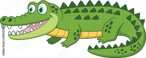 Friendly cartoon crocodile smiling with big eyes, green scales, sharp teeth, playful reptile character, wildlife illustration, fun animal drawing.