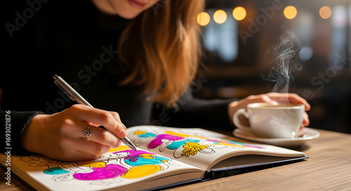 Woman coloring intricate designs in a journal with a hot steaming coffee cup nearby creating a moment of peaceful creative escape and mindful relaxation