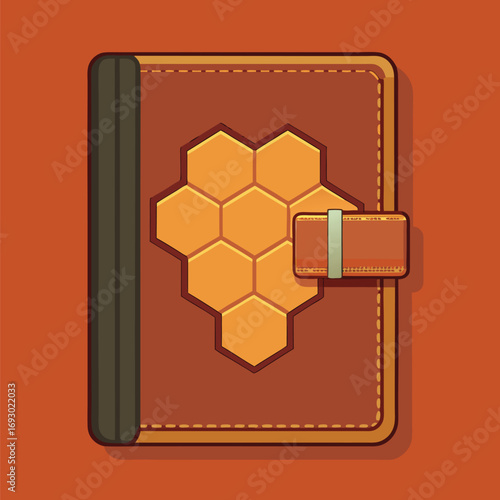 A stylized illustration of a leather bound journal featuring a honey comb design and a securing clasp in a warm color scheme