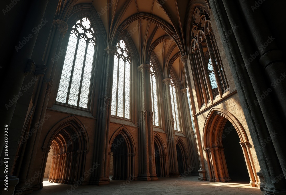 Obraz premium Dramatic Gothic Architecture Details Intensified by Striking Lighting Shadows Texture Design