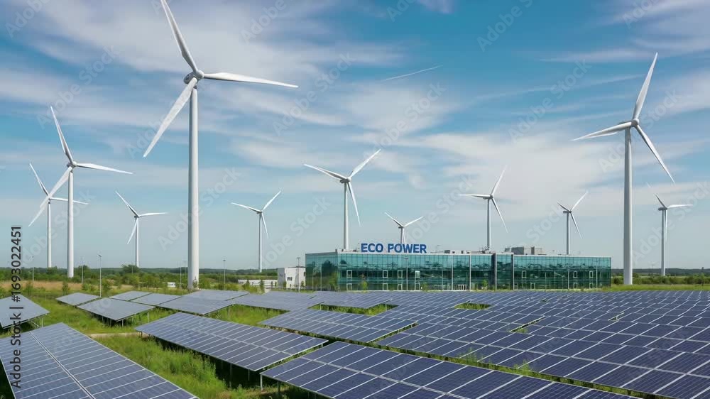 Renewable energy facility. Wind turbines and solar panels generate ...