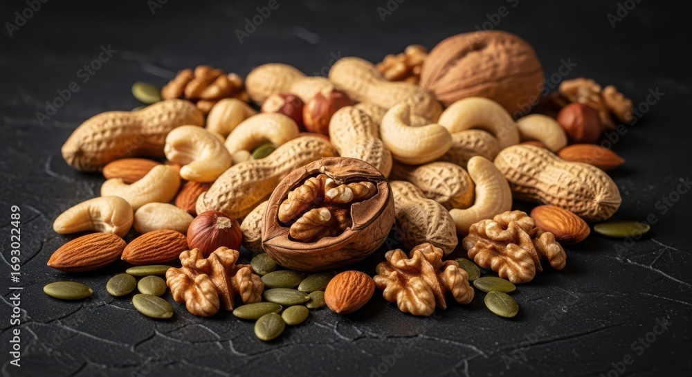 Obraz premium A pile of mixed nuts and seeds including walnuts, cashews, peanuts, almonds, and pumpkin seeds