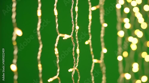 Warm White String Lights Draped Against a Vibrant Green Screen Backdrop