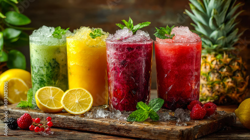 Wallpaper Mural Colorful fruit smoothies garnished with fresh mint and surrounded by tropical fruits and berries on a rustic wooden surface Torontodigital.ca