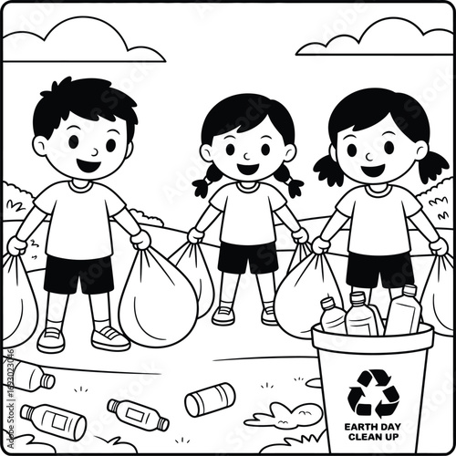 (150)Earth Day Clean-Up Icon Set – Black and White Vector Illustrations of Children, Trash Bags, Recycling Bin, and Nature