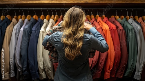 Woman choosing shirt from rack of colorful clothes in a clothing store