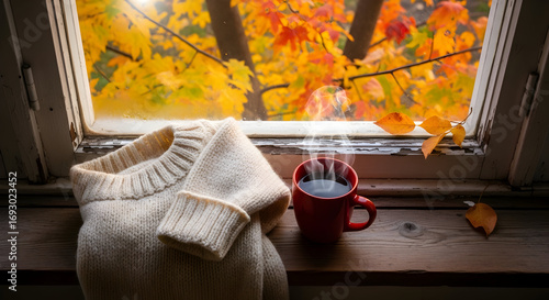Fototapeta Naklejka Na Ścianę i Meble -  Cozy autumn morning comfort with steaming coffee and warm sweater by a window showcasing vibrant fall foliage and golden sunlight