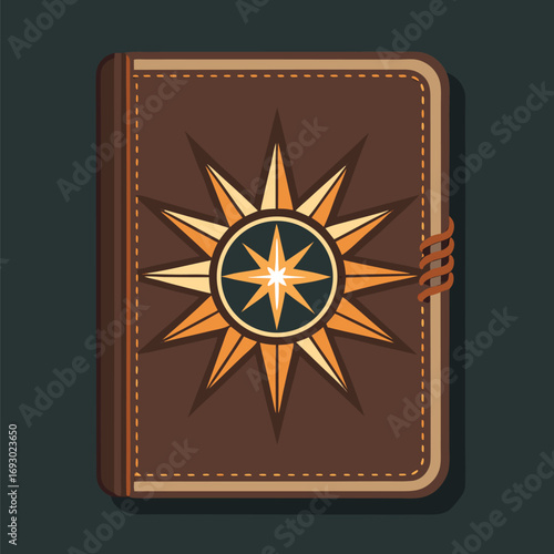 Stylized brown leather journal with golden compass rose icon vector illustration on dark backdrop