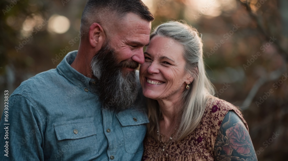 Obraz premium A happy middle-aged couple smiles at each other in a natural outdoor setting. The man has a beard and short hair, while the woman has long, light hair and tattoos.