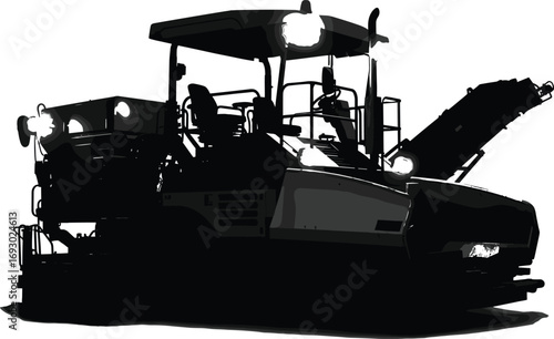 Asphalt paver machine silhouette, road construction vehicle, industrial equipment, heavy machinery, blacktop layer, highway maintenance, infrastructure development, night work