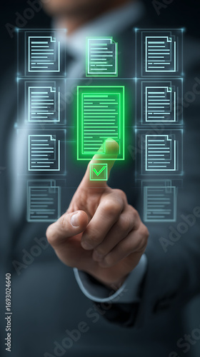 Man in dark gray suit using stylus to select a green digital document among several light blue digital documents on a dark background a