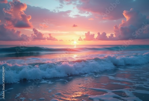 vibrant horizon color palette tranquil ocean waves seascape serenity reflection magic, landscape, water, evening, dusk, light, view, shore, clouds, beach