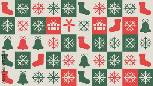 Festive Christmas pattern with snowflakes, stockings, gifts, and bells in red and green
