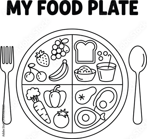 (162)My Food Plate Icon Set – Black and White Vector Illustrations of Fruits, Vegetables, Grains, Dairy, and Proteins