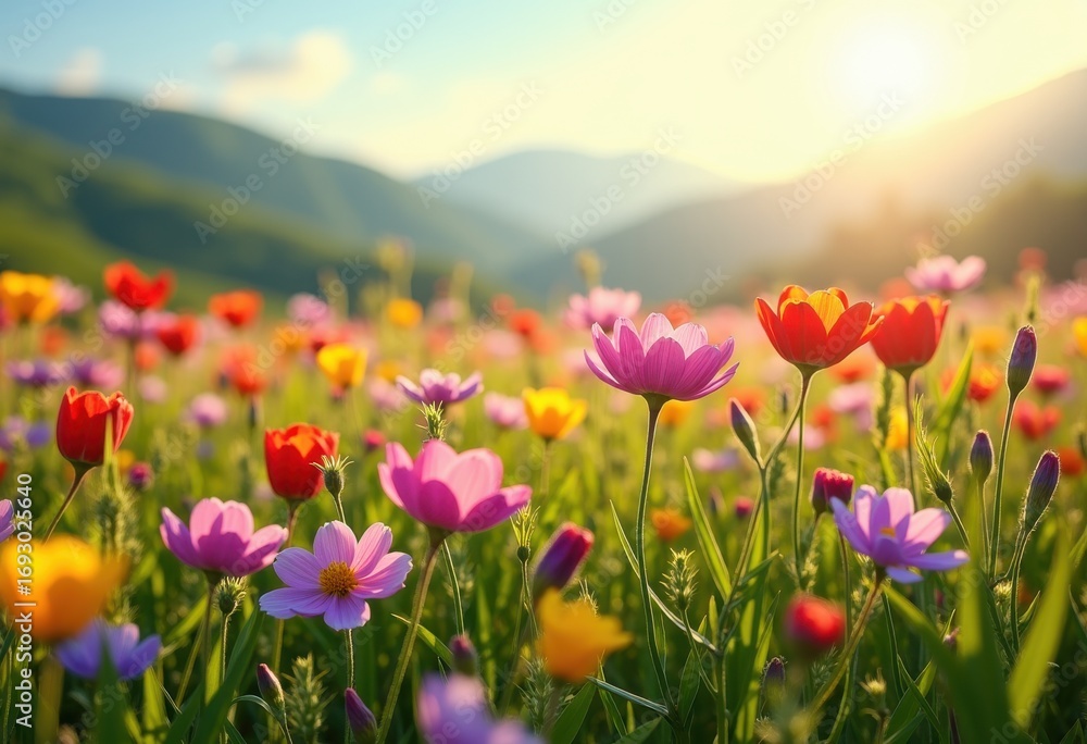 Fototapeta premium Vibrant Wildflower Meadow Blooming with Colorful Flowers in Springtime Nature Landscape