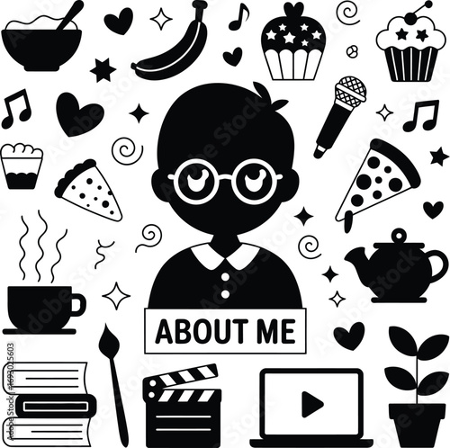 (164)About Me Icon Collage – Black and White Vector Illustrations of Food, Hobbies, Creativity, and Personal Interests