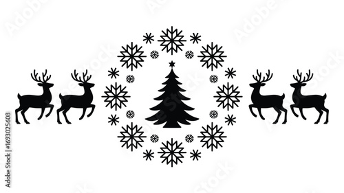 Elegant black silhouette of reindeer and Christmas tree with snowflakes, perfect for festive designs
