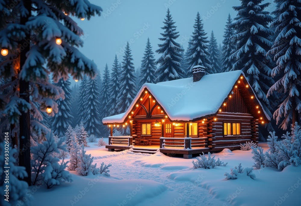 Naklejka premium Winter Holidays Magical Landscape Snowflakes Cozy Cabin Christmas Lights Pine Trees Warmth Celebration