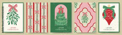 Trendy Christmas and New Year cards. Retro Christmas posters with bows, ball, fir-tree, mistletoe and typography design. Contemporary minimalist New Year flyers for branding, cover, social media