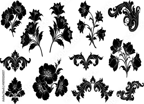 Set of black and white flower vector siluette ornaments, black and white gand drawing floral vector set

