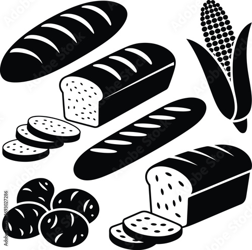  Bread and Vegetable Icon Set – Black and White Vector Illustrations of Loaves, Sliced Bread, Potatoes, and Corn