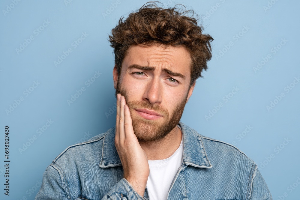 Obraz premium Close-up of a man experiencing facial pain, his hand placed on his cheek, displaying a concerned and distressed expression against a light blue backdrop.