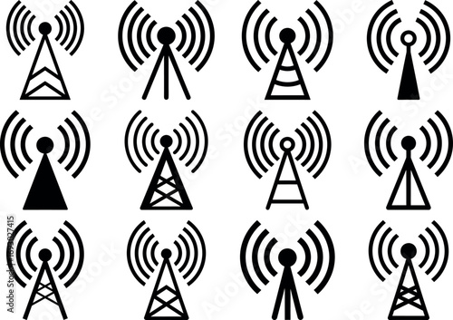 Set of black antenna icons on white background
