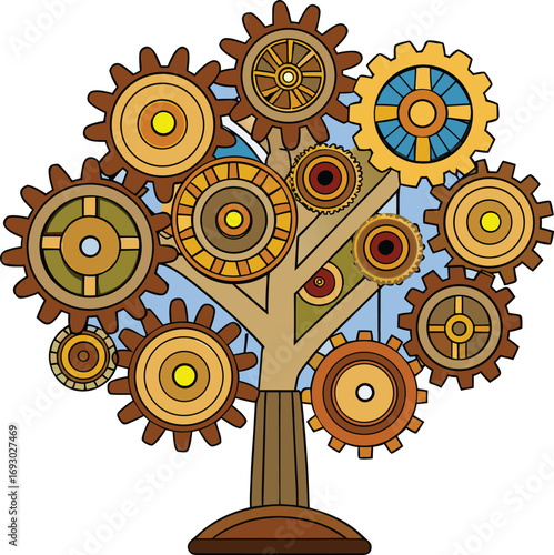 Intricate mechanical tree made of interlocking gears and cogs artistic design