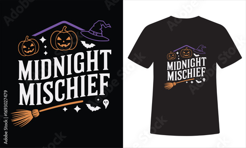 Midnight Mischief Halloween T-Shirt – Witchy Pumpkin Broom & Ghost Design