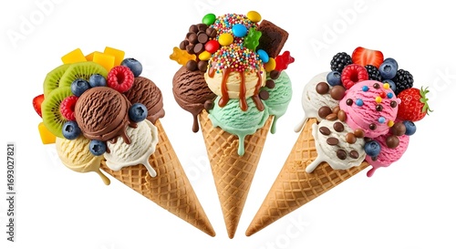Fototapeta Naklejka Na Ścianę i Meble -  Three delicious ice cream cones topped with colorful scoops, fresh fruits like kiwi and berries, chocolate pieces, sprinkles, and whipped cream, beautifully arranged on a white background for a sweet 