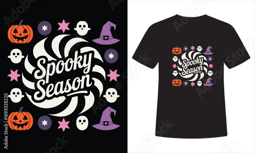 Stay Spooky Halloween T-Shirt – Ghost, Pumpkin, Witch Hat & Bat Graphic Design