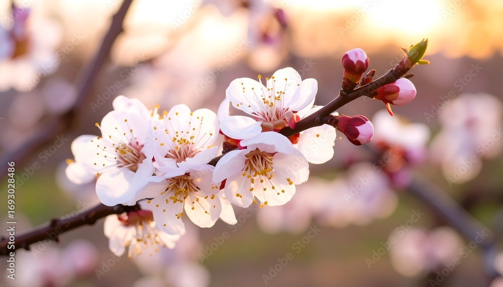 Fototapeta premium Blossoming apricot tree at sunset