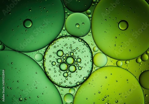 Abstract macro view of green oil and water bubbles with a vibrant gradient