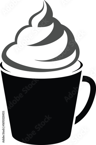 Stylized black silhouette of a coffee cup with whipped cream topping isolated on white background isolated on transparent background