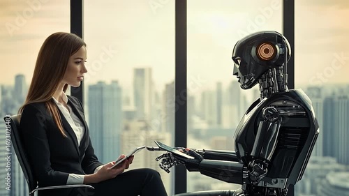 Woman in Business Attire Sitting Facing a Humanoid Robot in Modern Office with City Skyline View